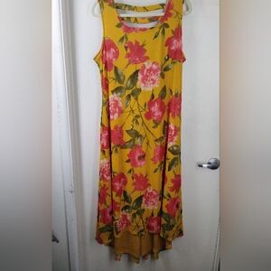Nina Leonard Yellow, Coral, Green Floral High-Low Sundress Scoop Neck Sleeveless